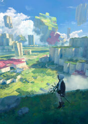 Rule 34 | 1girl, absurdres, black jacket, black shorts, blue sky, check commentary, cloud, commentary, commentary request, day, grass, gyoukan (jfxc), highres, holding, holding staff, jacket, jigsaw puzzle, long sleeves, midriff, navel, open clothes, open jacket, original, outdoors, puzzle, scenery, shirt, shorts, sky, solo, staff, standing, white shirt