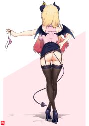 1girl absurdres ass bandaid bandaid_on_pussy black_horns black_shoes black_skirt black_tail black_thighhighs black_wings blonde_hair breasts clothes_lift commentary_request crotchless crotchless_panties demon_girl demon_horns demon_tail demon_wings facing_away from_behind full_body gradient_hair high_heels highres holding holding_panties holding_underwear holding_unworn_clothes hololive horn_ornament horns johnny_(braun-kan_cafe) lace lace-trimmed_legwear lace_trim large_breasts long_hair multicolored_hair panties pink_shirt red_hair shirt shoes skirt skirt_lift sleeveless sleeveless_shirt solo standing tail thighhighs underwear unworn_panties virtual_youtuber wings yuzuki_choco