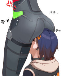 2girls ass ass_press belle_(zenless_zone_zero) blue_hair ear_piercing earrings face_in_ass hair_ornament hairclip high-waist_pants highres hood hoodie jewelry korean_commentary korean_text latex_pants multiple_girls pants piercing sitting sitting_on_face sitting_on_head sitting_on_person smelling smelling_ass suna0964 thigh_strap thighs tight_clothes tight_pants white_background yuri zenless_zone_zero zhu_yuan