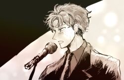 Rule 34 | 1boy, blush, collared shirt, commentary request, futsuu no keion-bu, ginko (nkymgnk), jacket, lapels, male focus, microphone, monochrome, necktie, notched lapels, official alternate costume, official alternate hairstyle, open mouth, profile, sepia, shirt, short hair, solo, suit jacket, takami kouki, upper body