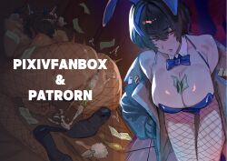 1girl absurdres aftersex animal_ears ass back bare_shoulders bed between_breasts black_hair blue_bow blue_bowtie blue_jacket blue_leotard blue_nails blush bow bowtie breasts cicada_(nnakqr5n6q9p2ht) cleavage collar commentary_request condom cum cum_on_ass cum_on_body cumdrip fake_animal_ears female_ejaculation female_pubic_hair fishnet_thighhighs fishnets guilty_gear guilty_gear_strive hair_between_eyes hetero high_heels highres indoors jacket large_breasts leotard lying money money_between_breasts multicolored_hair on_bed on_stomach open_clothes open_jacket paid_reward_available pillow playboy_bunny prostitution pubic_hair rabbit rabbit_ears red_bow red_bowtie red_eyes short_hair solo steam steaming_body streaked_hair sweat sweatdrop thick_thighs thigh_gap thighhighs thighs tomboy top-down_bottom-up unika_(guilty_gear) used_condom white_collar wrist_cuffs