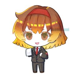 Rule 34 | 1girl, :d, armband, black jacket, black pants, blonde hair, brown eyes, brown hair, chibi, collared shirt, full body, funnibunni, gradient hair, hairband, highres, jacket, lobotomy corporation, long sleeves, looking at viewer, malkuth (project moon), multicolored hair, necktie, open mouth, pants, project moon, red armband, red hairband, red necktie, shirt, short hair, simple background, smile, solo, standing, white background, white shirt