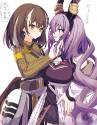 2girls arknights bare_shoulders bird_mask breasts brown_hair coat_around_waist commentary_request earrings fingernails hand_in_another&#039;s_hair hand_on_own_hip highres jacket jewelry long_hair long_sleeves looking_at_another magallan_(arknights) magallan_(elite_ii)_(arknights) mask mask_around_neck multicolored_hair multiple_girls open_mouth parted_lips purple_eyes purple_hair reinoni simple_background smile speech_bubble streaked_hair sweater thought_bubble translation_request turtleneck turtleneck_sweater typhon_(arknights) white_background white_jacket