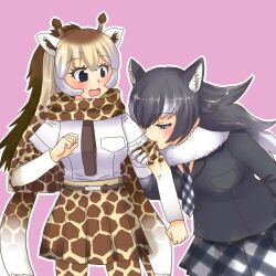 2girls animal_ears animal_print biting black_eyes blonde_hair blue_eyes blush brown_hair brown_necktie extra_ears fur_collar giraffe_ears giraffe_girl giraffe_horns giraffe_print giraffe_tail grey_hair grey_jacket grey_necktie grey_skirt grey_wolf_(kemono_friends) hair_between_eyes horns jacket kemono_friends long_hair long_sleeves multicolored_hair multiple_girls necktie pantyhose plaid_clothes plaid_necktie plaid_skirt pleated_skirt print_pantyhose print_scarf print_skirt print_sleeves reticulated_giraffe_(kemono_friends) scarf shirt shirt_tucked_in shiyo_(cvn00m) short_sleeves sidelocks skirt surprised tail white_fur white_hair white_shirt wolf_ears wolf_girl