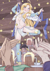 1girl 3boys alternate_costume antenna_hair arms_up barefoot beer_mug bird_girl bird_wings blonde_hair blue_eyes blue_leggings blue_loincloth blue_sleeves blush breath coin covered_erect_nipples cup dancing detached_leggings detached_sleeves excited faceless faceless_male feathered_wings feathers feet_out_of_frame filo_(tate_no_yuusha_no_nariagari) flat_chest from_below harem_outfit highres indoors jewelry leg_up leggings loincloth loli long_hair looking_at_viewer looking_down money mug multiple_boys necklace nekokyun on_table open_mouth pelvic_curtain pov sidelocks smile solo_focus standing standing_on_one_leg surrounded table tate_no_yuusha_no_nariagari teeth thighlet tongue upper_teeth_only white_feathers wings