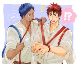 2boys aomine_daiki bdsm belt blue_background blue_eyes blue_hair bondage border bound colorpanther dougi kagami_taiga kuroko_no_basuke light_blush looking_at_another male_focus motion_lines multiple_boys open_mouth red_belt red_eyes red_hair short_hair sweatband teeth upper_body white_border yaoi
