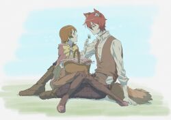 Rule 34 | 1boy, 1girl, animal ears, basket, black boots, boots, brown hair, choker, cloak, couple, crossover, flirting, flower, hair ornament, hair ribbon, happinesscharge precure!, highres, holding, holding flower, leggings, little red riding hood, loafers, long sleeves, looking to the side, on floor, oomori yuuko, pants, parted bangs, phantom (happinesscharge precure!), precure, red hair, ribbon, shirt, shoes, short hair, sideways, sitting, sitting on lap, sitting on person, skirt, tail, twintails, vest, wasa7subi, white shirt, wolf, wolf boy, wolf ears, wolf tail