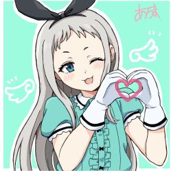 1boy apron aqua_dress aroma_(aromax) black_hairband blend_s blue_eyes dress gloves grey_hair hairband heart heart_hands kanzaki_hideri long_hair looking_at_viewer male_focus one_eye_closed open_mouth trap waist_apron waitress white_gloves