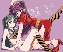 Rule 34 | 2girls, all fours, animal print, bikini, boots, china dress, chinese clothes, commentary, cone horns, creator connection, crossover, dress, from side, green hair, hair bun, hawaku, high heels, highres, horns, knee boots, long hair, looking at viewer, lum, lying, multiple girls, navel, on back, pointy ears, print bikini, print boots, purple background, purple eyes, purple hair, ranma 1/2, red dress, red shoes, shampoo (ranma 1/2), shoes, side slit, sidelocks, swimsuit, tiger print, urusei yatsura