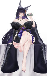 Rule 34 | 1girl, absurdres, animal ear fluff, animal ears, azur lane, bare shoulders, barefoot, black hair, breasts, chinese commentary, cleavage, collarbone, colored inner hair, commentary request, crossed legs, facial mark, full body, fur-trimmed kimono, fur trim, gem, highres, huge breasts, japanese clothes, jewelry, kimono, long hair, magatama, magatama necklace, mu zhifeng, multicolored hair, musashi (azur lane), nail polish, necklace, pouring, pouring onto self, purple gemstone, purple hair, purple nails, solo, toenail polish, toenails, very long hair, whisker markings, wide sleeves, yellow eyes