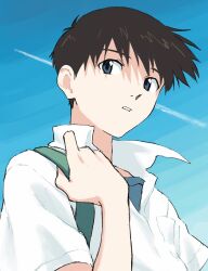Rule 34 | 1boy, arm up, blue eyes, blue shirt, brown hair, collared shirt, contrail, highres, holding strap, ikari shinji, kura rart, looking to the side, male focus, neon genesis evangelion, parted lips, shirt, short hair, sideways glance, sky, solo, teeth, upper body, white shirt, wing collar