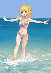 1girl bare_shoulders bikini blonde_hair blue_eyes bracelet breasts cleavage collarbone floral_print groin highres idolmaster idolmaster_cinderella_girls jewelry long_hair medium_breasts mizuki_(mizuki_ame) navel necklace ohtsuki_yui open_mouth partially_submerged ponytail purple_bikini smile solo swimsuit thighs wavy_hair wavy_sidelocks