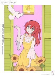 1girl 2025 absurdres alternate_costume artist_name bird bocchi_the_rock! casual collarbone collared_shirt cowboy_shot dove dress english_text eyelashes flower frilled_shirt_collar frills green_eyes hair_between_eyes highres kita_ikuyo light_blush long_dress long_hair long_sleeves looking_at_animal moonfire one_side_up open_mouth outstretched_hand painting_(object) pinafore_dress pleated_dress pleated_sleeves red_hair shirt sleeveless sleeveless_dress smile solo standing sunflower white_shirt wide_sleeves window yellow_dress yellow_flower
