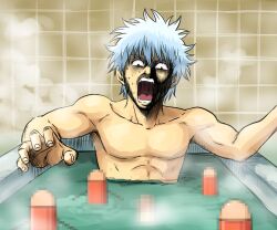 1boy artist_request bad_id bad_nicoseiga_id bad_source bath bathroom censored collarbone fingernails gintama gloom_(expression) grey_hair imminent_death justaway male_focus mosaic_censoring nervous_sweating no_nipples nude open_mouth partially_submerged red_eyes sakata_gintoki scared sexually_suggestive short_hair solo steam sweat teeth tile_floor tiles upper_body water