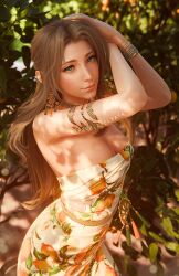 1girl 3d aerith_gainsborough aerith_gainsborough_(citric_dress) breasts cleavage dress earrings final_fantasy final_fantasy_vii final_fantasy_vii_ever_crisis food-themed_earrings food_print food_themed_earrings fruit_print highres jewelry looking_at_viewer necklace official_alternate_costume official_alternate_hairstyle orange-shaped_earrings orange-shaped_ornament orange_print smile solo sreliata strapless strapless_dress upper_body