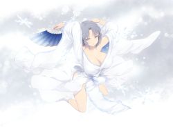 1girl absurdres bare_legs bare_shoulders blue_eyes breasts cait_aron cleavage collarbone groin hair_ribbon hands_up highres huge_breasts japanese_clothes kimono kneeling legs looking_to_the_side ribbon senran_kagura short_hair side_slit snowflakes spread_legs thick_thighs thighs white_kimono yumi_(senran_kagura)