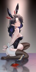 1girl animal_ears arms_behind_back ass bare_arms bare_back bare_shoulders black_choker black_hair black_leotard black_pantyhose black_thighhighs blue_eyes breasts choker closed_mouth colored_inner_hair commentary cuffs curtained_hair english_commentary fake_animal_ears fake_tail feet forehead full_body gradient_background handcuffs high_heels highleg highleg_leotard highres horns jeelee leotard long_hair long_pointy_ears medium_hair mole mole_under_eye multicolored_hair no_shoes original pantyhose patent_heels playboy_bunny pointy_ears pumps rabbit_tail red_soles reflective_floor shadow shoes sideboob simple_background soles stiletto_heels strapless strapless_leotard tail tears thighhighs thighs tile_floor tiles toes unworn_shoes wrist_cuffs