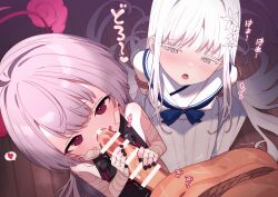 1boy 2girls after_fellatio bandaged_arm bandages bar_censor black_nails blue_archive censored commentary_request cum cum_on_body cum_on_penis gauze gauze_on_cheek grey_eyes grey_hair halo heart hetero highres loli long_hair looking_at_viewer multiple_girls nagusa_(blue_archive) nail_polish open_mouth paid_reward_available penis penis_grab pov pov_crotch purple_eyes purple_halo robo_mikan shuro_(blue_archive) sound_effects speech_bubble spoken_heart thick_eyelashes variant_set white_hair