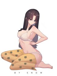 1girl armpits bare_shoulders black_hair blue_eyes bra breasts cat_pajamas fate/stay_night fate_(series) hair_down highres medium_breasts pajamas panties pants signature sitting solo suhyeon tohsaka_rin underwear white_panties yellow_pajamas yellow_pants