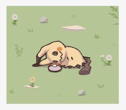 creatures_(company) flower game_freak gen_7_pokemon grass highres kwisg_339 lying mimikyu nintendo no_humans poke_ball poke_ball_(basic) pokemon pokemon_(creature) rock smile solo tail white_flower yellow_flower