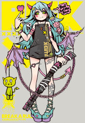1girl alternate_weapon belt_chain bracelet chain decora demon demon_girl english_text engrish_text gun highres jewelry lock middle_finger original padlock profanity project.c.k. punk ranguage shotgun skull tattoo thumb_ring weapon