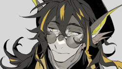 1boy arknights black_hair blonde_hair brown_hair chinese_commentary close-up commentary_request fins frown furry furry_male grey-tinted_eyewear grey_background head_fins highres kaifei_(kaifei_29) lee_(arknights) long_hair looking_to_the_side multicolored_hair simple_background streaked_hair sunglasses tinted_eyewear upper_body yellow_eyes