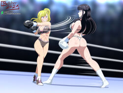 2girls artist_request ass bikini black_hair blonde_hair boots boxing boxing_gloves boxing_ring butcherstudios commission fighting long_hair multiple_girls original ponytail swimsuit tagme