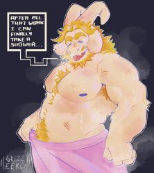 1boy armpit_hair armpits artist_name asgore_dreemurr bara bare_pectorals biceps blonde_hair chest_hair closed_eyes commentary deltarune english_commentary english_text fangs floppy_ears furry furry_male grizzeek highres horns male_focus muscular muscular_male navel nipples open_mouth pectorals plump skin_fangs smile speech_bubble steaming_body stomach_hair topless_male towel towel_around_waist white_fur