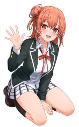 1girl :d absurdres black_jacket black_socks blazer breasts collared_shirt feichu_keju hair_bun highres jacket kneehighs kneeling large_breasts long_sleeves looking_at_viewer neck_ribbon open_clothes open_jacket open_mouth plaid_clothes plaid_skirt red_eyes red_hair red_ribbon ribbon school_uniform shirt single_side_bun skirt smile sobu_high_school_uniform socks solo teeth thighs tongue upper_teeth_only waving white_shirt white_skirt winter_uniform yahari_ore_no_seishun_lovecome_wa_machigatteiru. yuigahama_yui