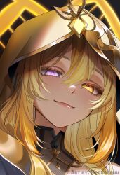 Rule 34 | 1girl, absurdres, artist name, black background, blonde hair, closed mouth, colored eyelashes, commentary, detached collar, double helix, english commentary, eyelashes, genshin impact, gold trim, gradient hair, hair between eyes, halo, heterochromia, highres, long hair, looking at viewer, merururuu, multicolored hair, naberius (genshin impact), purple eyes, smile, solo, symbol-shaped pupils, upper body, veil, white veil, yellow eyes