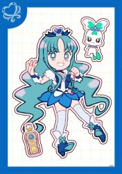 1girl ankle_flower anklet aqua_eyes aqua_flower aqua_hair beads blue_boots blue_border blue_bow blue_bowtie blue_choker blue_ribbon blue_skirt blue_thighhighs blue_wrist_cuffs boots border bottle bow bowtie brooch choker clenched_hand coffret_(heartcatch_precure!) cure_marine deformed dot_nose dotted_line eyelashes flower flower_skirt frilled_sleeves frilled_wrist_cuffs frills full_body green_brooch grid_background grin hair_beads hair_ornament hair_ribbon heart heart_brooch heart_hair_ornament heartcatch_precure! high_heel_boots high_heels highres jewelry kurumi_erika long_hair long_sidelocks magical_girl miniskirt outline parted_bangs perfume_bottle pink_bag precure puffy_short_sleeves puffy_sleeves ribbon shirt short_sleeves sidelocks signature skirt smile tareme thighhighs uwded_207 very_long_hair waist_bag wavy_hair white_background white_outline white_shirt wrist_cuffs wrist_ribbon zettai_ryouiki