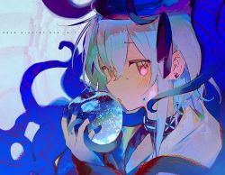Rule 34 | 1boy, arknights, black collar, black shirt, blue apple, blue hair, blue hat, collar, crossed bangs, earrings, food, fruit, gloves, hair between eyes, hand up, hat, holding, holding food, holding fruit, infection monitor (arknights), jewelry, looking at viewer, male focus, mizuki (arknights), namie-kun, parted lips, pink eyes, portrait, shirt, solo, tentacles, trap, white gloves
