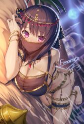 1girl ao_no_kanata_no_four_rhythm bare_shoulders barefoot black_hair blush bracelet breasts circlet cleavage commission emanon123 gold_bracelet hand_on_own_head hand_on_own_hip harem_outfit highres incense jewelry large_breasts long_hair looking_at_viewer lying mouth_veil navel on_side purple_eyes see-through_cleavage see-through_clothes signature skeb_commission smile smoke solo tobisawa_misaki veil
