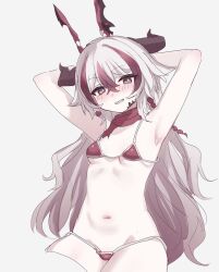 Rule 34 | 1girl, armor, armpits, arms behind head, bikini, bikini armor, blush, commentary request, coralie 6626 planck, dragon horns, grey hair, highres, honkai (series), honkai impact 3rd, horns, long hair, multicolored hair, navel, presenting armpit, red bikini, red hair, sharp teeth, solo, stomach, swimsuit, teeth, thighs, two-tone hair, very long hair, wank0l0
