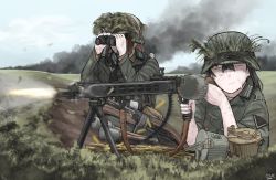 2022 2girls binoculars black_hair brown_eyes brown_hair cigarette combat_helmet dated drum_magazine explosive grass grenade gun helmet high-capacity_magazine highres machine_gun magazine_(weapon) mg42 military military_uniform multiple_girls nazi one_eye_closed original ponytail ppsh-41 reichsadler sleeves_pushed_up smoke stahlhelm stick_grenade submachine_gun the_zombie5555 weapon wehrmacht world_war_ii