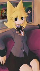 4girls absurdres bad_id bad_twitter_id black_bow black_bowtie black_eyes blonde_hair bow bowtie bright_pupils commentary cowboy_shot english_commentary funamusea grey_jacket hair_between_eyes highres iesonatana inactive_account jacket kurai_yonaka kurokawa_nataka long_hair long_sidelocks long_sleeves looking_at_viewer miniskirt moge-ko mogeko_castle multiple_girls school_uniform sidelocks sitting skirt solo_focus white_pupils yuhjima_imika