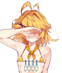 1girl antenna_hair bandana bandana_around_neck bare_arms bare_shoulders bikini blonde_hair breath commentary condom condom_belt covering_own_eyes cross_scar dokibird_(vtuber) english_commentary facing_viewer fang flat_chest grin hair_intakes hair_ornament highres indie_virtual_youtuber micro_bikini orange_bandana pointy_ears ricegnat scar short_hair simple_background skin_fang smile solo string_bikini swimsuit upper_body used_condom virtual_youtuber white_background x_hair_ornament yellow_bikini