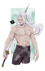 Rule 34 | 1boy, abs, absurdres, alternate hairstyle, belt, black belt, black pants, border, closed mouth, cowboy shot, cropped legs, final fantasy, final fantasy vii, green background, green eyes, grey hair, heart, highres, holding, holding sword, holding weapon, long hair, looking at viewer, male focus, masamune (ff7), multiple belts, muscular, muscular male, navel, pants, parted bangs, ponytail, robasarel, sephiroth, slit pupils, smile, spoken heart, sword, topless male, weapon, white border