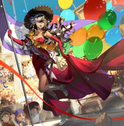 Rule 34 | 1girl, :d, audience, balloon, bare shoulders, black hair, blue sky, boots, centurion (reverse:1999), centurion (the universal star) (reverse:1999), confetti, cropped, curly hair, dark-skinned female, dark skin, day, dress, dutch angle, elbow gloves, evening gown, eyes visible through hair, flag, floating hair, flower, flower wreath, full body, gloves, grey footwear, guaisanmu, hair ornament, hair over one eye, hat, holding, holding flag, knee boots, leg up, long dress, long hair, looking to the side, multicolored hair, open mouth, red dress, red gloves, reverse:1999, sash, shoulder sash, side slit, skirt hold, sky, smile, sombrero, stadium, standing, standing on one leg, strapless, strapless dress, streaked hair, swept bangs, teeth, too many balloons, turning head, upper teeth only, white hair, yellow flower