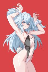 1girl absurdres armpits arms_up bare_shoulders black_leotard blue_eyes blue_hair breasts detached_collar from_below from_side girls&#039;_frontline hair_between_eyes heart heart-shaped_pupils highleg highleg_leotard highres leaning_forward leotard long_hair looking_at_viewer looking_down navel necktie pa-15_(girls&#039;_frontline) playboy_bunny rabbit_pose rabbit_tail red_background red_necktie see-through_clothes see-through_leotard see-through_midriff short_necktie simple_background small_breasts smile solo standing strapless strapless_leotard symbol-shaped_pupils tail thighs ve666ve very_long_hair wrist_cuffs