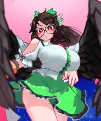 1girl ? arm_cannon bespectacled black-framed_eyewear black_hair black_wings blush bow breasts cape closed_mouth clothing_cutout collared_shirt commentary_request control_rod_(touhou) cowboy_shot expressionless feathered_wings frilled_shirt frilled_skirt frills glasses green_bow green_skirt hair_bow highres huge_breasts long_hair looking_at_viewer pink_background print_cape puffy_short_sleeves puffy_sleeves red_eyes reiuji_utsuho round_eyewear shirt short_sleeves shoulder_cutout simple_background skirt solo starry_sky_print third_eye touhou two-sided_cape two-sided_fabric weapon white_cape white_shirt wings zakozako_y