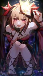 1girl ankle_bell bare_shoulders bell bikini black_gloves black_hair black_sandals breasts detached_sleeves eyeshadow fireworks flower_tattoo fox_mask gloves highres holding holding_fireworks honkai:_star_rail honkai_(series) japanese_clothes jingle_bell kimono long_hair looking_at_viewer makeup mask mask_on_head o-ring o-ring_bikini obi om_rm1101 open_mouth pink_eyes red_eyeshadow red_kimono sandals sash signature single_glove small_breasts solo sparkle_(honkai:_star_rail) sparkler squatting swimsuit tattoo twintails twitter_username