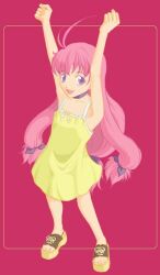 1girl antenna_hair armpits arms_up bad_id dress full_body long_hair looking_at_viewer low-tied_long_hair magical_antique open_mouth pink_background pink_hair sandals simple_background smile solo sphie sundress tachibana_sakuya_(matsurika) yellow_dress yellow_sandals