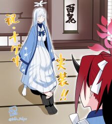 1other 2girls absurdres artist_name black_horns blue_archive blue_haori blush closed_eyes colored_eyelashes hair_ornament halo hanging_scroll haori highres horns japanese_clothes long_skirt multiple_girls nagusa_(blue_archive) red_hair red_halo renge_(blue_archive) sailor_collar school_uniform scroll serafuku sitting skirt snowflake_hair_ornament tohka_10days white_hair white_halo white_sailor_collar white_serafuku white_skirt