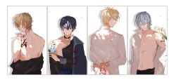 22kolink 4boys blonde_hair blue_hair bouquet choker closed_eyes collared_shirt column_lineup flower highres holding holding_bouquet holding_flower long_sleeves male_focus multiple_boys open_clothes open_shirt original shirt simple_background tattoo upper_body