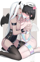 2girls absurdres angel arm_strap bare_shoulders bdsm black_choker black_hair black_thighhighs bondage bound breast_press breasts choker collar collared_shirt corset dark-skinned_female dark_skin demon demon_horns femdom frogtie gag gagged highres horns improvised_gag large_breasts leash long_hair medium_hair multiple_girls original pink_eyes restrained saliva saliva_trail shirt sigrid99 sitting skindentation slave symmetrical_docking tape tape_gag thighhighs tongue very_long_hair wariza white_hair wings yellow_eyes yuri