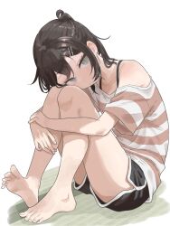 1girl absurdres bare_legs bare_shoulders barefoot black_hair black_shorts blush closed_mouth commentary_request dolphin_shorts eyelashes grey_eyes hair_ornament hairclip highres hugging_own_legs looking_at_viewer on_floor original ponytail shirt short_shorts shorts simple_background sitting slit_pupils solo striped_clothes striped_shirt tatami tohu_sand white_background