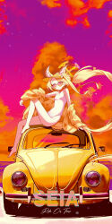 Rule 34 | 1girl, above-cleavage cutout, absurdres, animal ear fluff, animal ears, arm support, bare legs, bare shoulders, barefoot, bilingual commentary, blonde hair, blue archive, car, character name, closed mouth, clothing cutout, cloud, commentary, commentary request, cross halo, cumulonimbus cloud, diamond cutout, english commentary, english text, evening, feet, flat chest, floating hair, fox ears, fox girl, halo, highleg, highleg one-piece swimsuit, highres, jacket, knee up, long sleeves, looking at viewer, looking over eyewear, mixed-language commentary, motor vehicle, off shoulder, official alternate costume, official alternate hairstyle, on car, one-piece swimsuit, open clothes, open jacket, orange clouds, outdoors, pink eyes, pink sky, ponytail, raised eyebrows, schnee strum, seia (blue archive), seia (swimsuit) (blue archive), sitting, sky, sleeves past wrists, solo, sunglasses, swimsuit, tinted eyewear, toes, visor cap, volkswagen beetle, white one-piece swimsuit, yellow car, yellow halo, yellow jacket