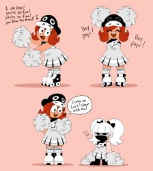 2girls anna_(tinytoxicwaste101) black_hat breasts child english_text happy hat height_difference lucy_(tinytoxicwaste101) medium_breasts multiple_girls open_mouth original pizza_tower pom_pom_(cheerleading) pom_pom_(clothes) red_hair tinytoxicwaste101 twintails white_hair