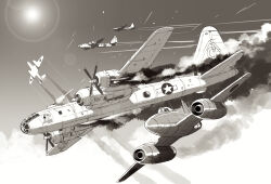 Rule 34 | aircraft, airplane, b-29 superfortress, bomber, canards, commentary, fighter jet, fire, firing, greyscale, imperial japanese navy, kikka (airplane), lens flare, matsuda juukou, military vehicle, monochrome, no humans, original, smoke, united states army, vehicle focus, world war ii